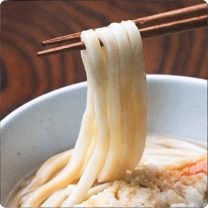 Udon noodles lifted with chopsticks from a bowl