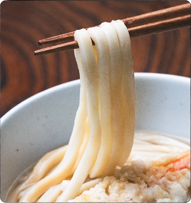 Udon noodles lifted with chopsticks from a bowl