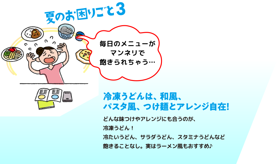 夏の困りごと3：冷凍うどんは、和風、パスタ風、つけ麺とアレンジ自在！　どんな味つけやアレンジにも合うのが、冷凍うどん！冷たいうどん、サラダうどん、スタミナうどんなど飽きることなし。実はラーメン風もおすすめ♪