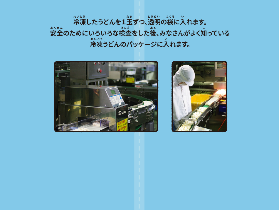 冷凍したうどんを１玉ずつ、透明の袋に入れます。安全のためにいろいろな検査をした後、みなさんがよく知っている冷凍うどんのパッケージに入れます。