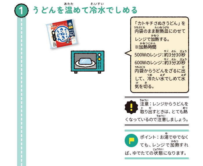 うどんを温めて冷水でしめる