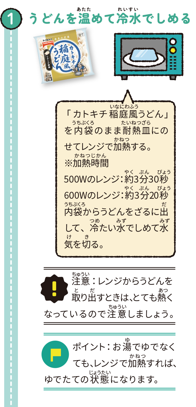 うどんを温めて冷水でしめる