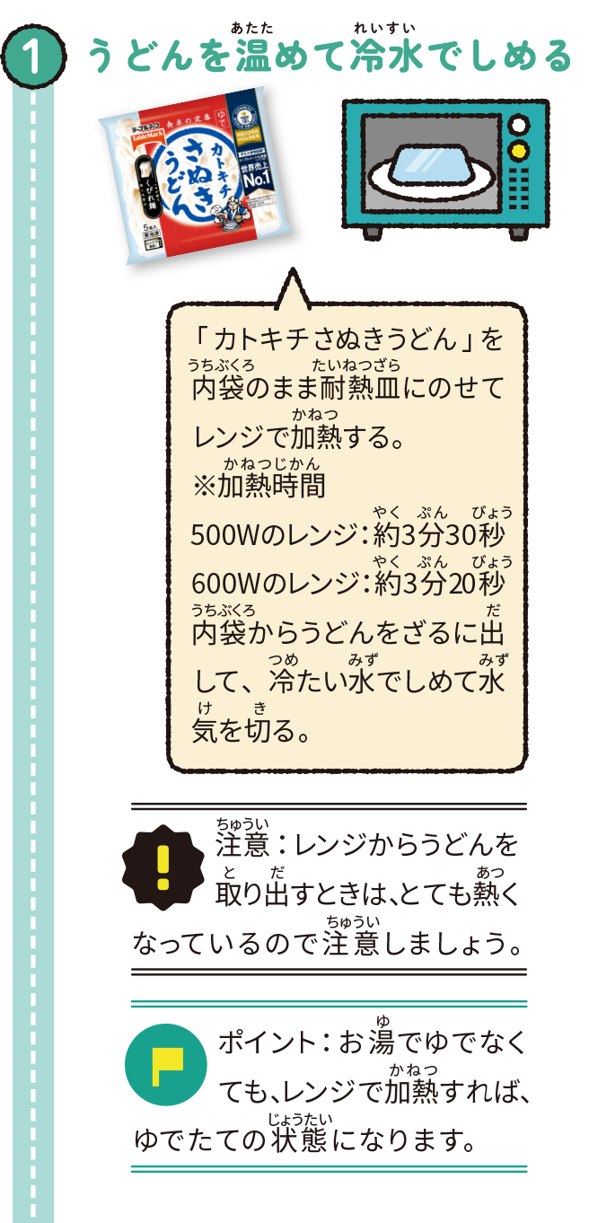 うどんを温めて冷水でしめる