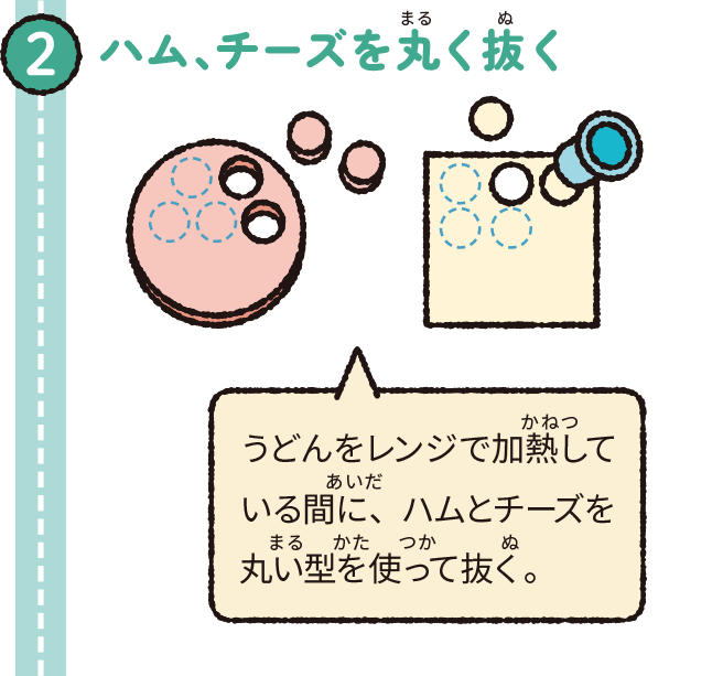 ハム、チーズを丸く抜く