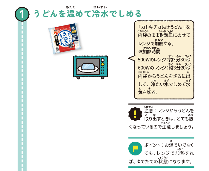 うどんを温めて冷水でしめる