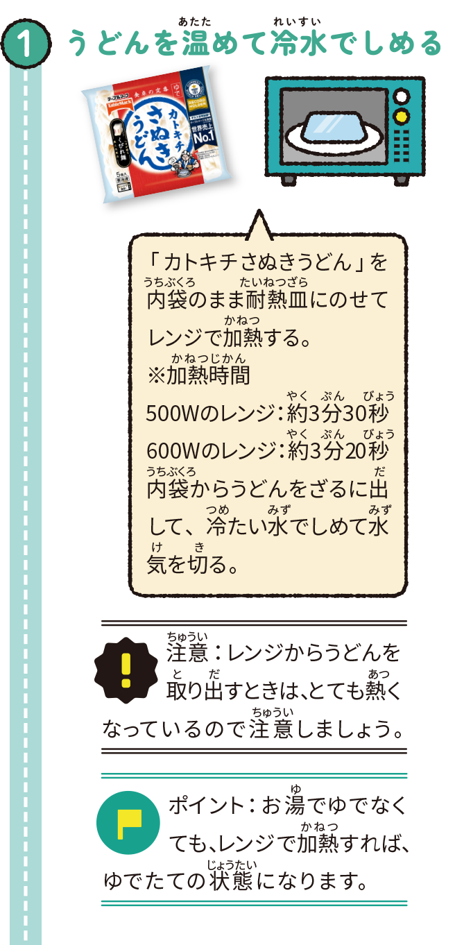 うどんを温めて冷水でしめる