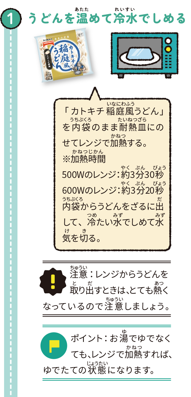 うどんを温めて冷水でしめる