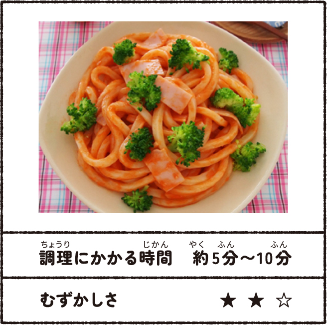ナポリタン風うどん 調理にかかる時間:約5分~10分 むずかしさ★★