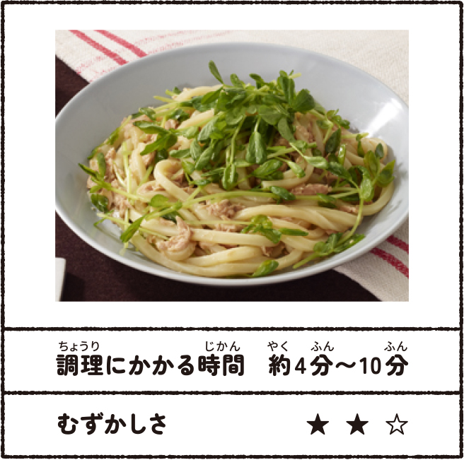 豆苗とツナのバタポンうどん 調理にかかる時間:約4分~10分 むずかしさ★★